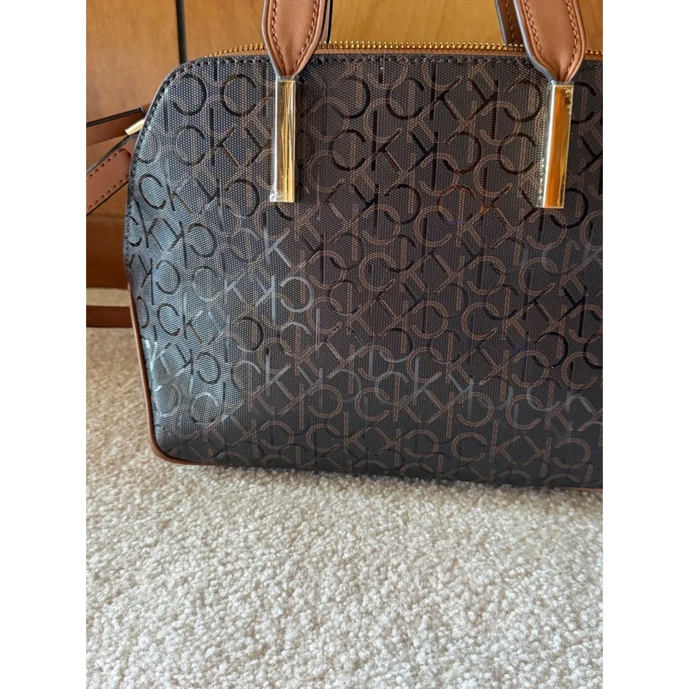 Calvin Klein Monogram Satchel Brown Cognac Logo Dome Crossbody Bag